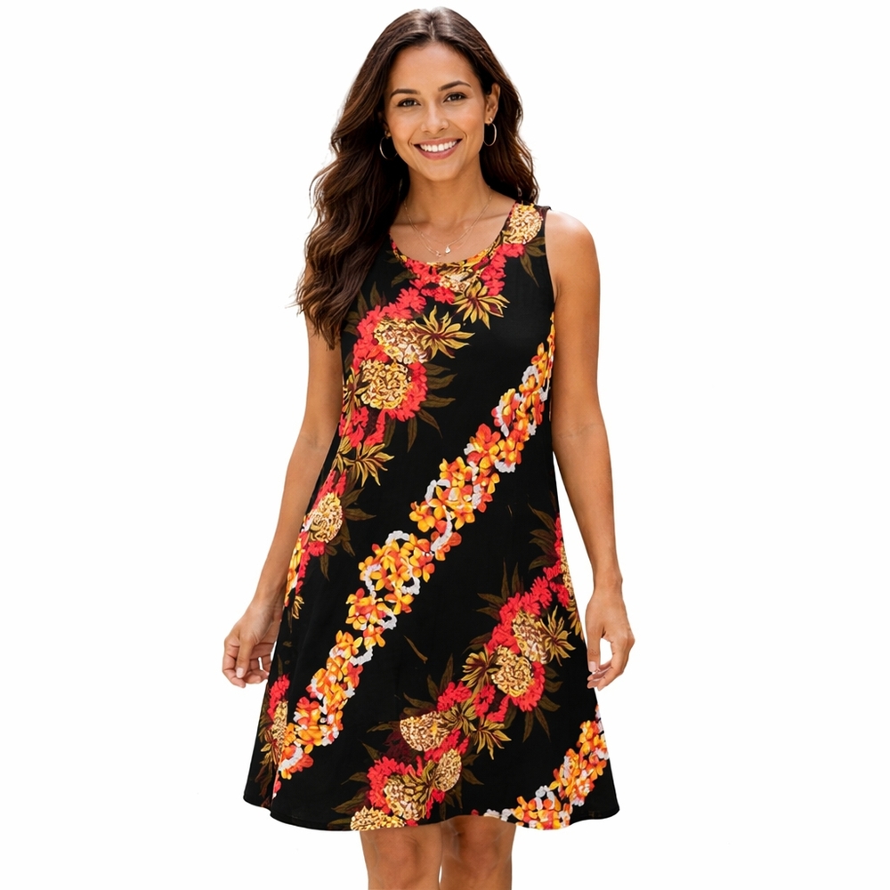 The Hawaiian Original Tropical Pineapple Floral A-Line Sleeveless Dress Black